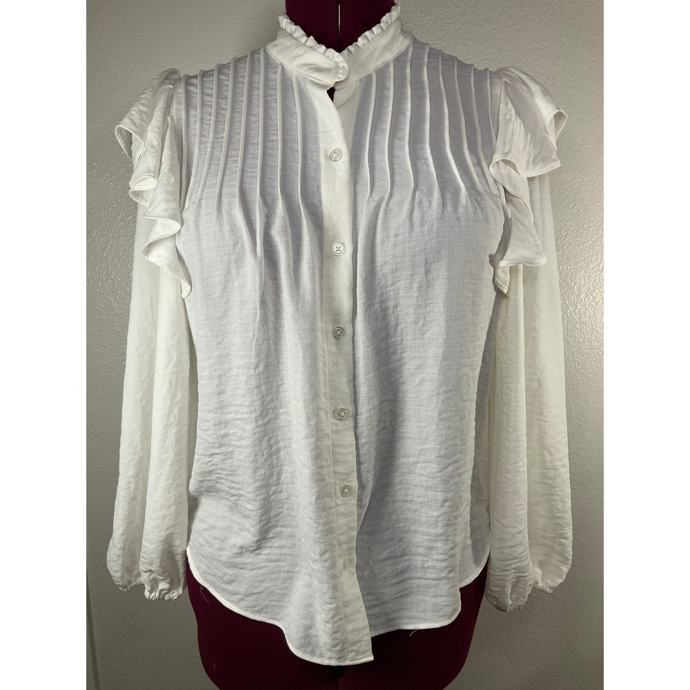 Alex Marie Ruffle Blouse Pleated Front Long Sleeve Top White Size‎ S